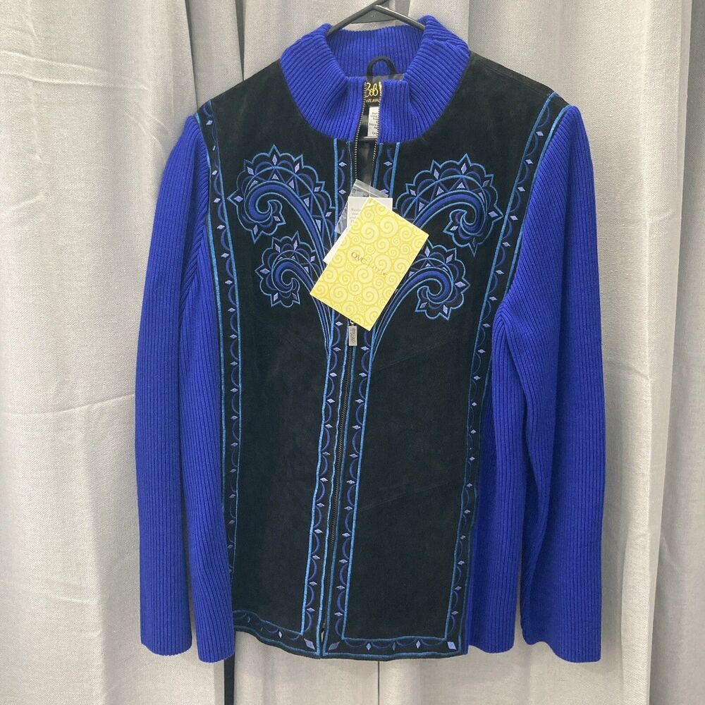 Bob Mackie Wearable Art Leather + Knit Fabric Jacket Embroidered Large NEW W Tag